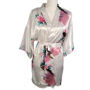 100% Silk Kimono Robe Size M Peacock Floral Belted Cherry Blossom Japan Style